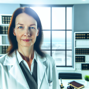 אשה מקצועית בלשכה משפטית עם מעיל לבן, מוקפת בספרים רפואיים ומסמכים משפטיים.