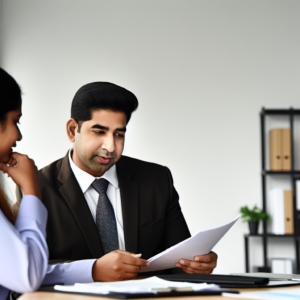 עו״ד נפגש עם לקוח במשרד מקצועי במטרה לדון במסמכים הקשורים לפציעה בעבודה.