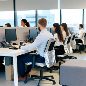 תמונת משרד מודרני בישראל עם עובדים מגוונים, המציגה אמצעי בטיחות וסידורים ארגונומיים.