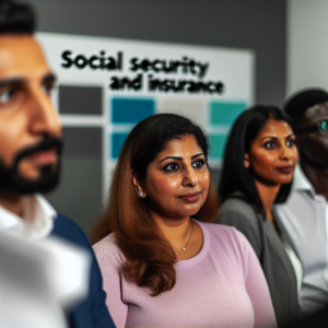 קבוצה מגוונת של אנשים במשרד מודרני מקשיבה באופן קשוב למצגת על ביטוח לאומי וביטוח פרטי.