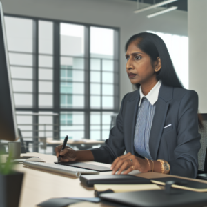 עובד במשרד מקצועי מתעד אירוע על מחשב, תוך שימוש בתאורה טבעית ותלבושת עסקית-יומיומית.