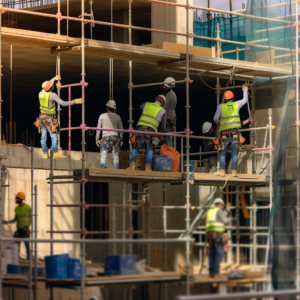 קבוצת עובדים באתר בנייה בישראל עם ציוד מגן כמו קסדות ואפודים, עובדים על פיגומים