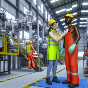 עובדים בשטח מפעל עם ציוד בטיחות, אחד מעניק עזרה ראשונה לחבר צוות ליד ציוד תעשייתי.